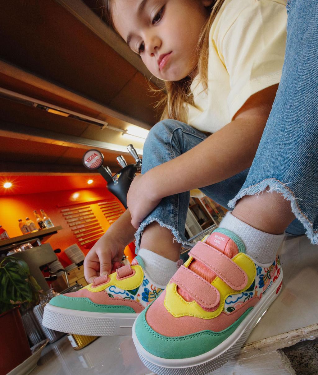Sneakers bambino rosa verde stampato fiori doppio strappo Hello Hossy