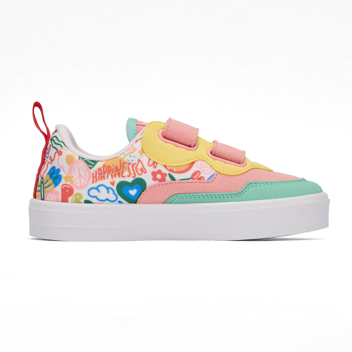 Sneakers bambino rosa e verdi, stampa arte e fiori, suola bianca, doppio velcro Hello Hossy