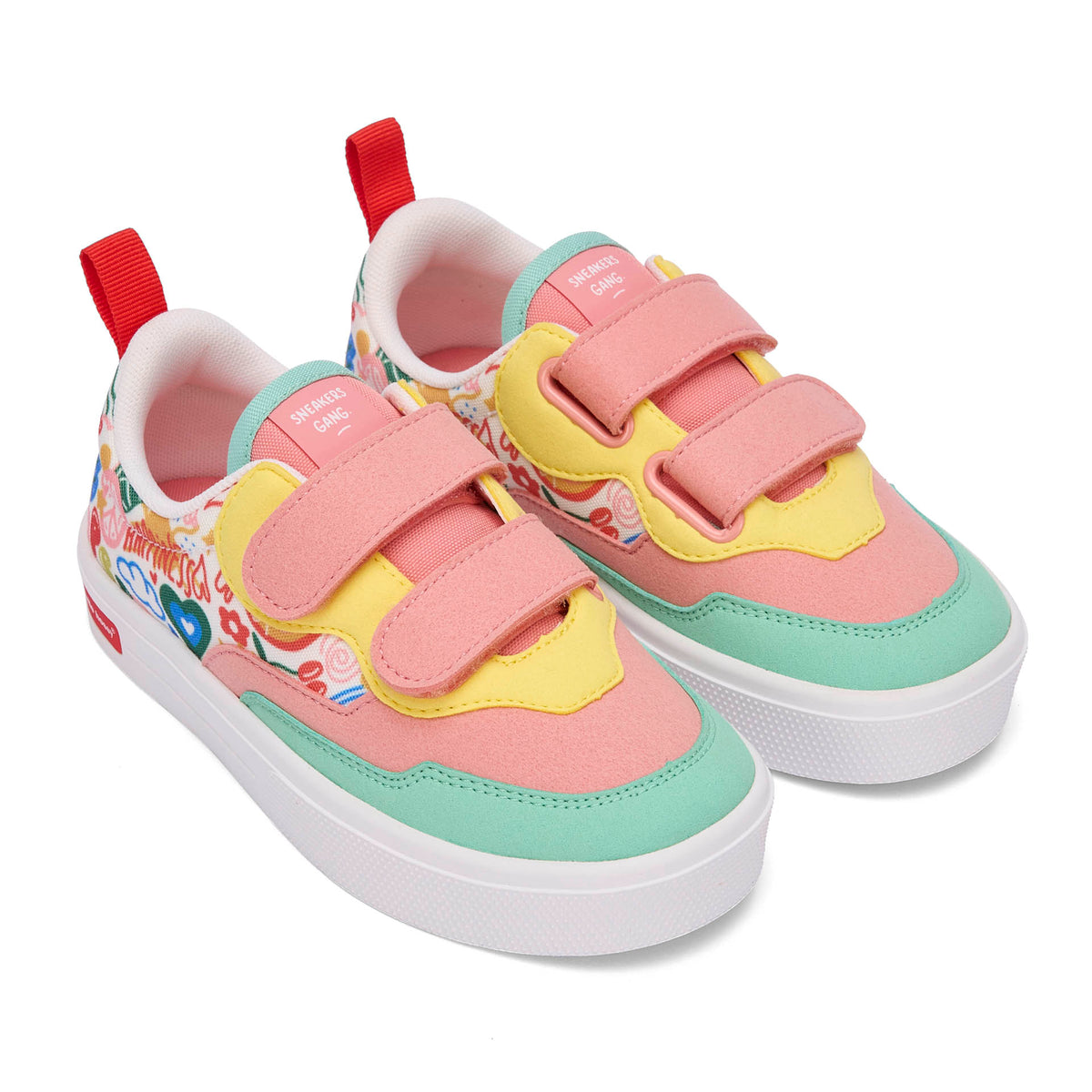 Sneakers per bambini rosa verde giallo con stampa arte fiori e doppio strappo Hello Hossy