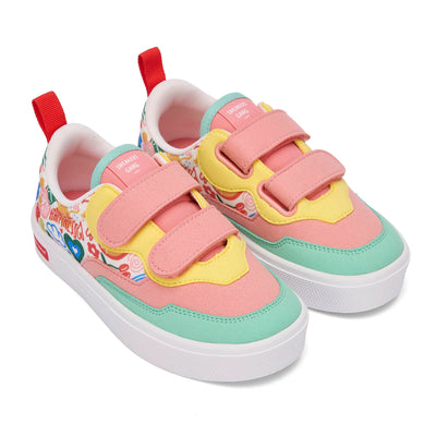 Sneakers per bambini rosa verde giallo con stampa arte fiori e doppio strappo Hello Hossy