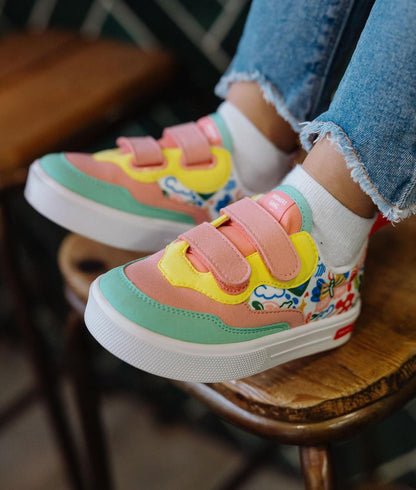 Sneakers per bambini rosa verde giallo con stampa arte fiori e doppio strappo Hello Hossy