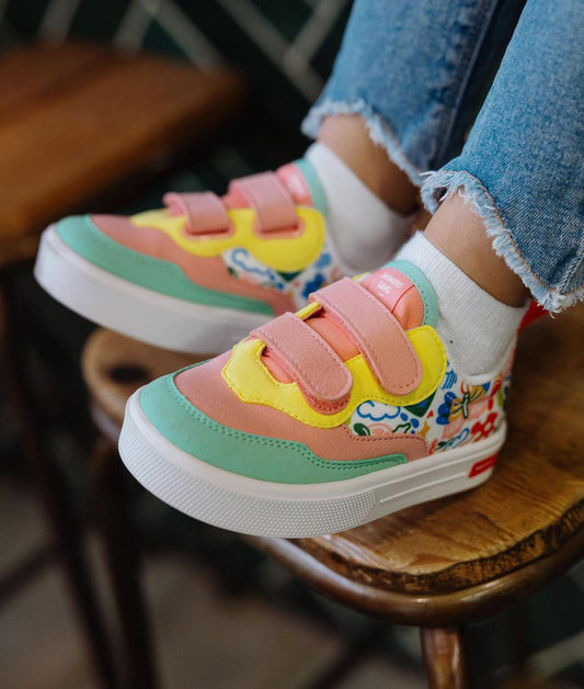 Sneakers per bambini rosa verde giallo con stampa arte fiori e doppio strappo Hello Hossy