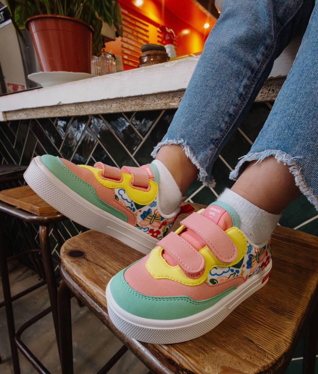 Sneakers per bambini rosa verde, stampa arte fiori, doppio velcro Hello Hossy