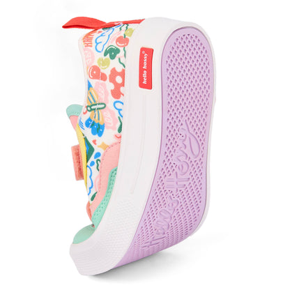 Sneakers per bambini rosa e verdi con stampa arte floreale, suola violette flessibile Hello Hossy