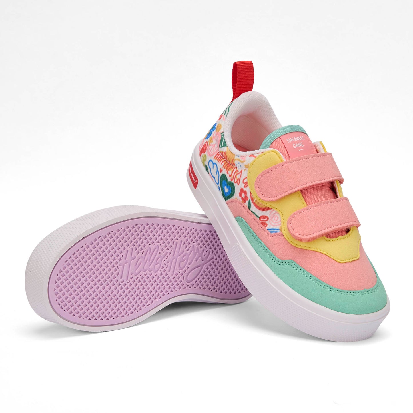 Sneakers bambino rosa verde con stampa arte multicolore doppi strappi Hello Hossy