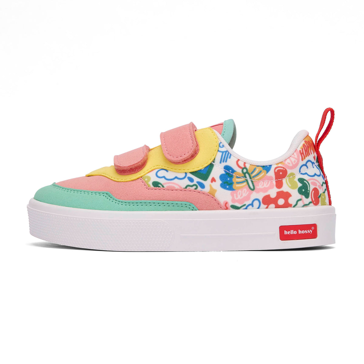 Sneakers per bambini rosa verdi e gialle, stampa arte multicolore, doppio velcro Hello Hossy