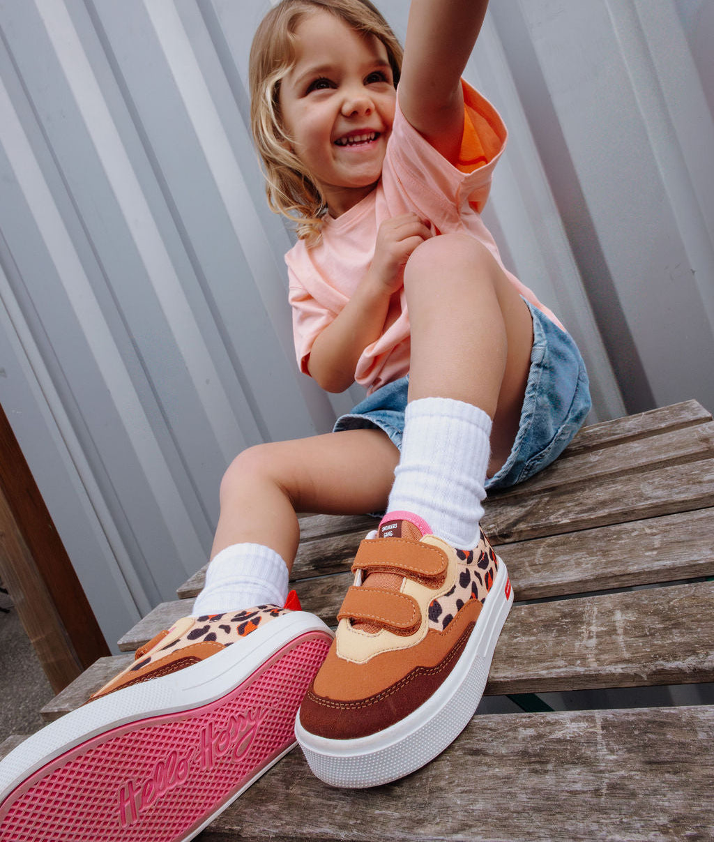 Sneakers bambino crema marrone stampa leopard doppio velcro Hello Hossy