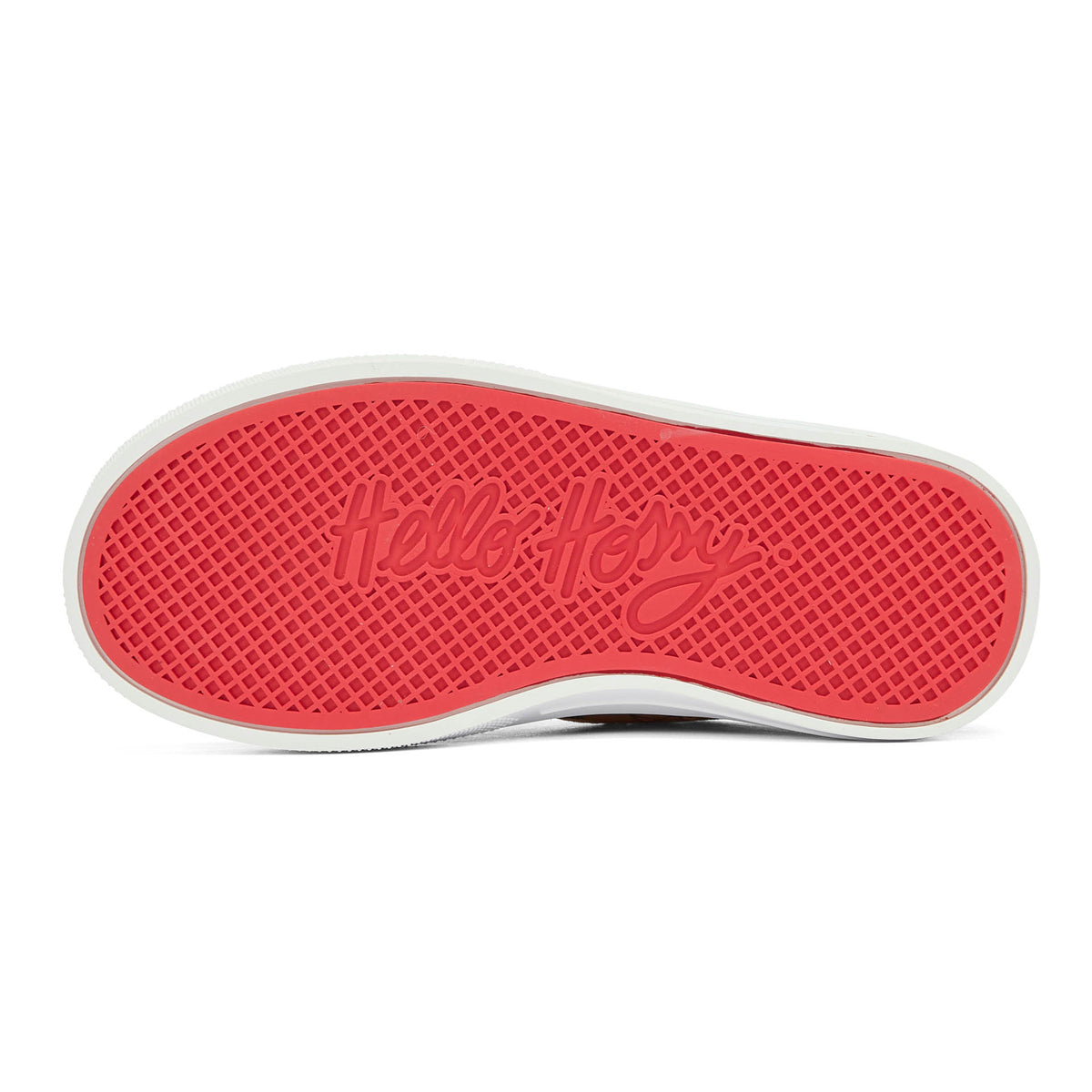 Sneakers bambino marroni e nere, suola rossa, motivo mascotte Hello Hossy