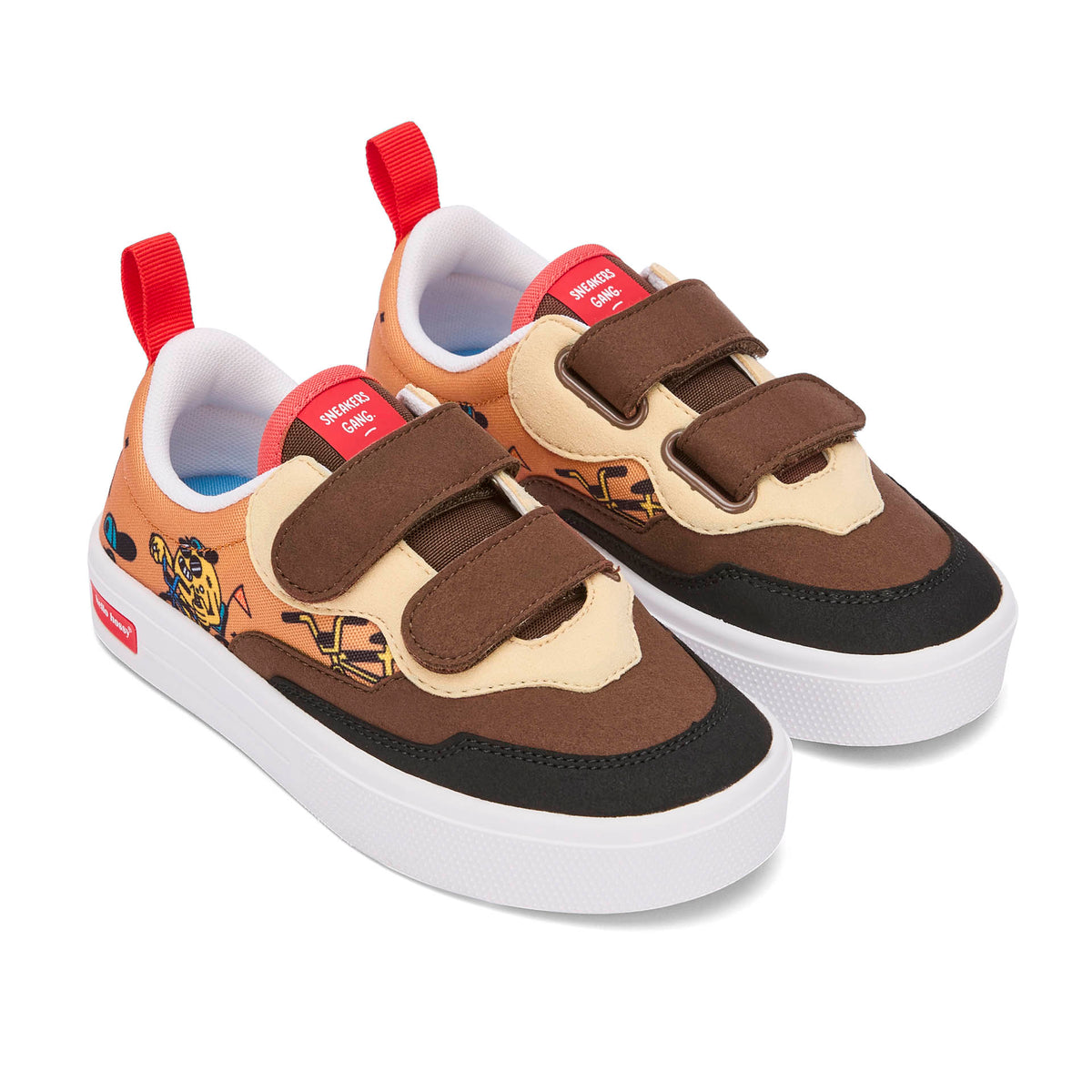 Sneakers per bambini marroni e nere con motivo mascotte bicicletta, chiusure a strappo Hello Hossy