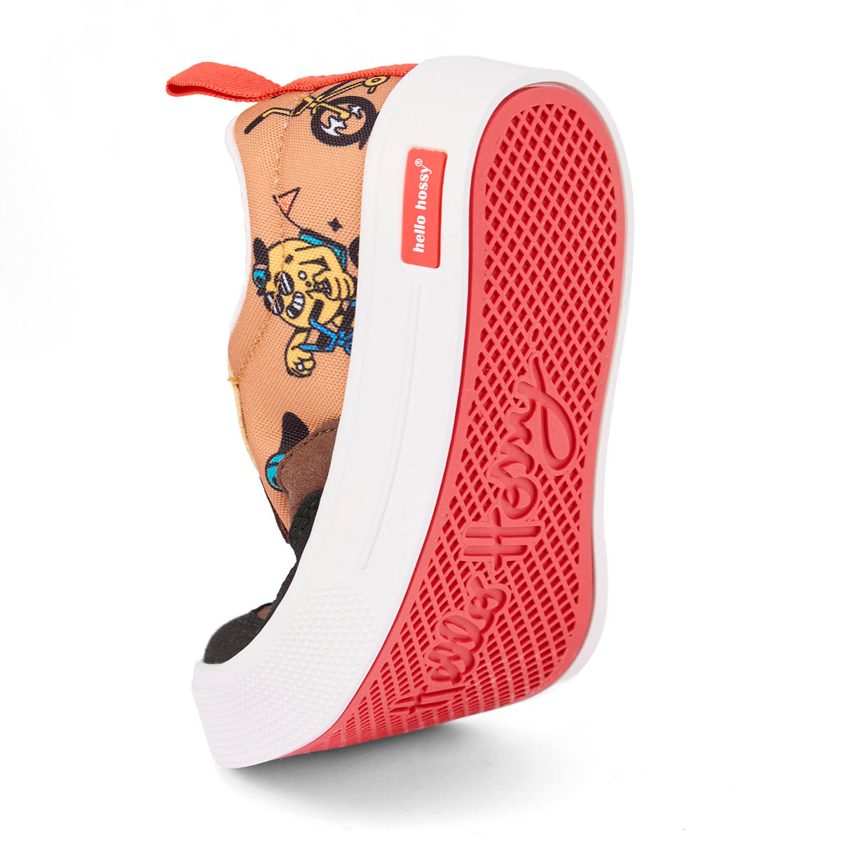 Sneakers bambino marrone nero con mascotte su bicicletta stampate e suola flessibile rossa Hello Hossy