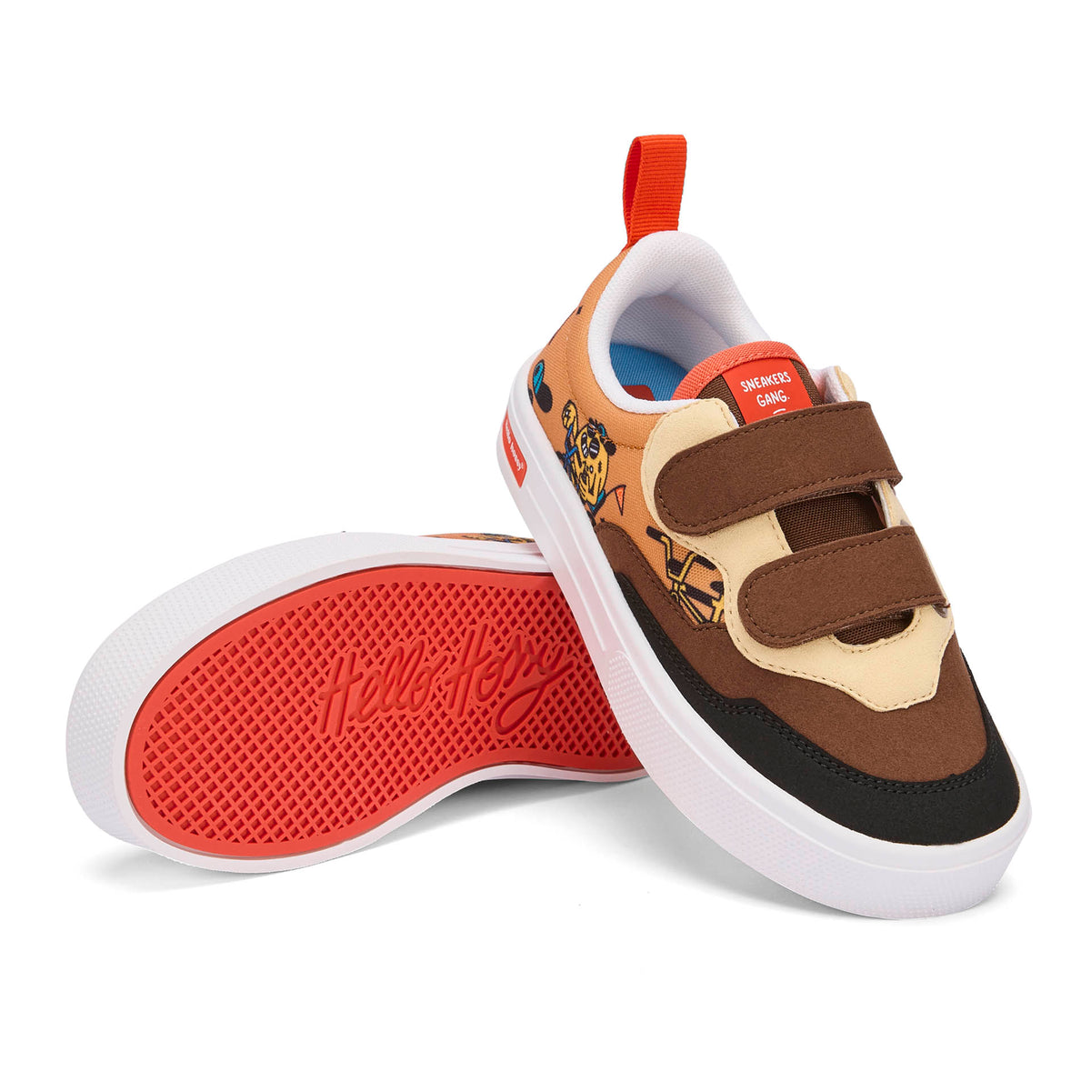 Sneakers bambino marroni e nere stampate con mascotte bicicletta e suola rossa Hello Hossy