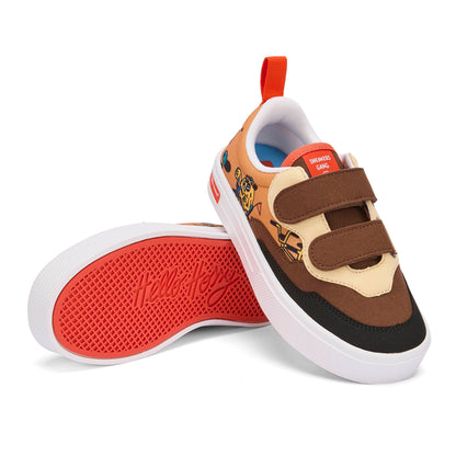 Sneakers bambino marroni e nere stampate con mascotte bicicletta e suola rossa Hello Hossy