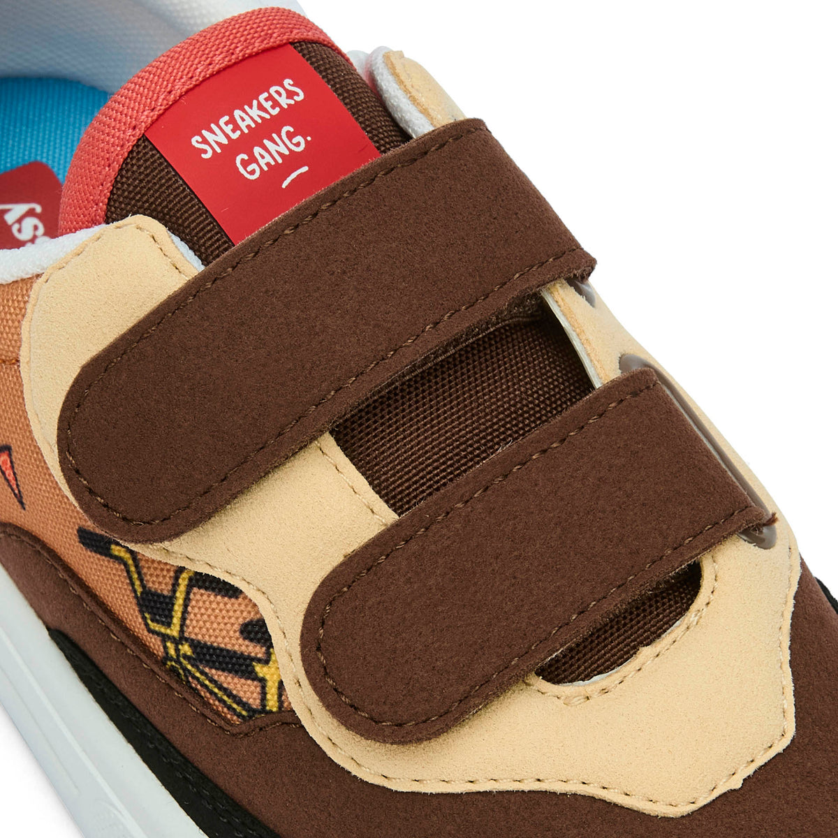 Sneakers bambino marrone beige motivo mascotte bicicletta doppi strappi Hello Hossy