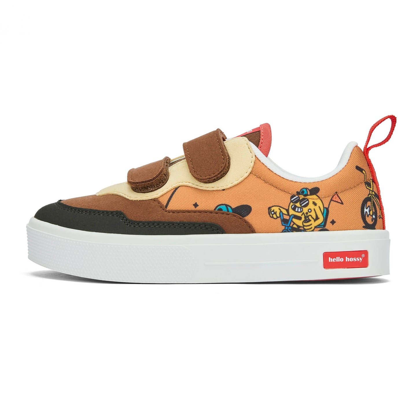 Sneakers bambino marrone beige motivo mascotte bicicletta doppi strappi Hello Hossy