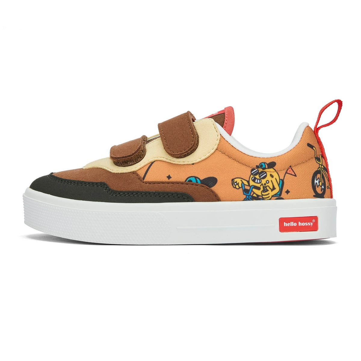 Sneakers bambino marrone beige motivo mascotte bicicletta doppi strappi Hello Hossy