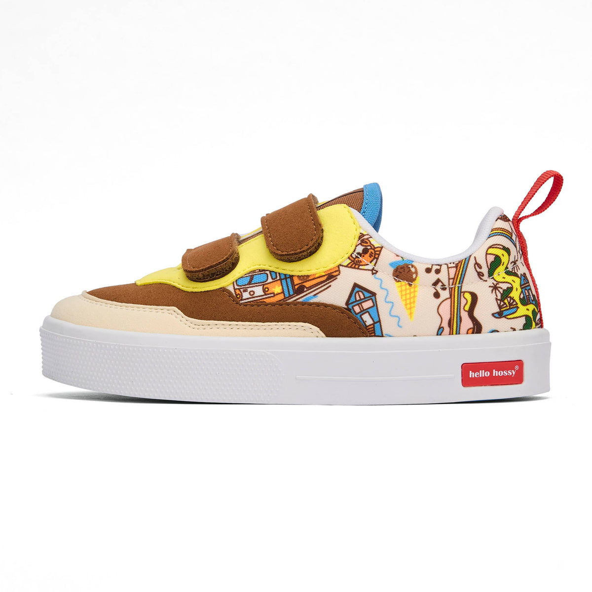 Sneakers per bambini color crema e marrone, motivi viaggio, chiusure a strappo, suola bianca Hello Hossy