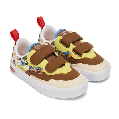 Sneakers bambino crema, marroni e gialle, motivo USA, chiusure a strappo, suola bianca, Hello Hossy
