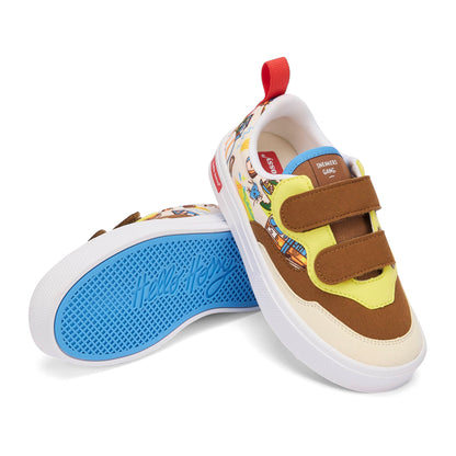 Sneakers bambino crema marrone gialle con motivo viaggio e doppio velcro Hello Hossy