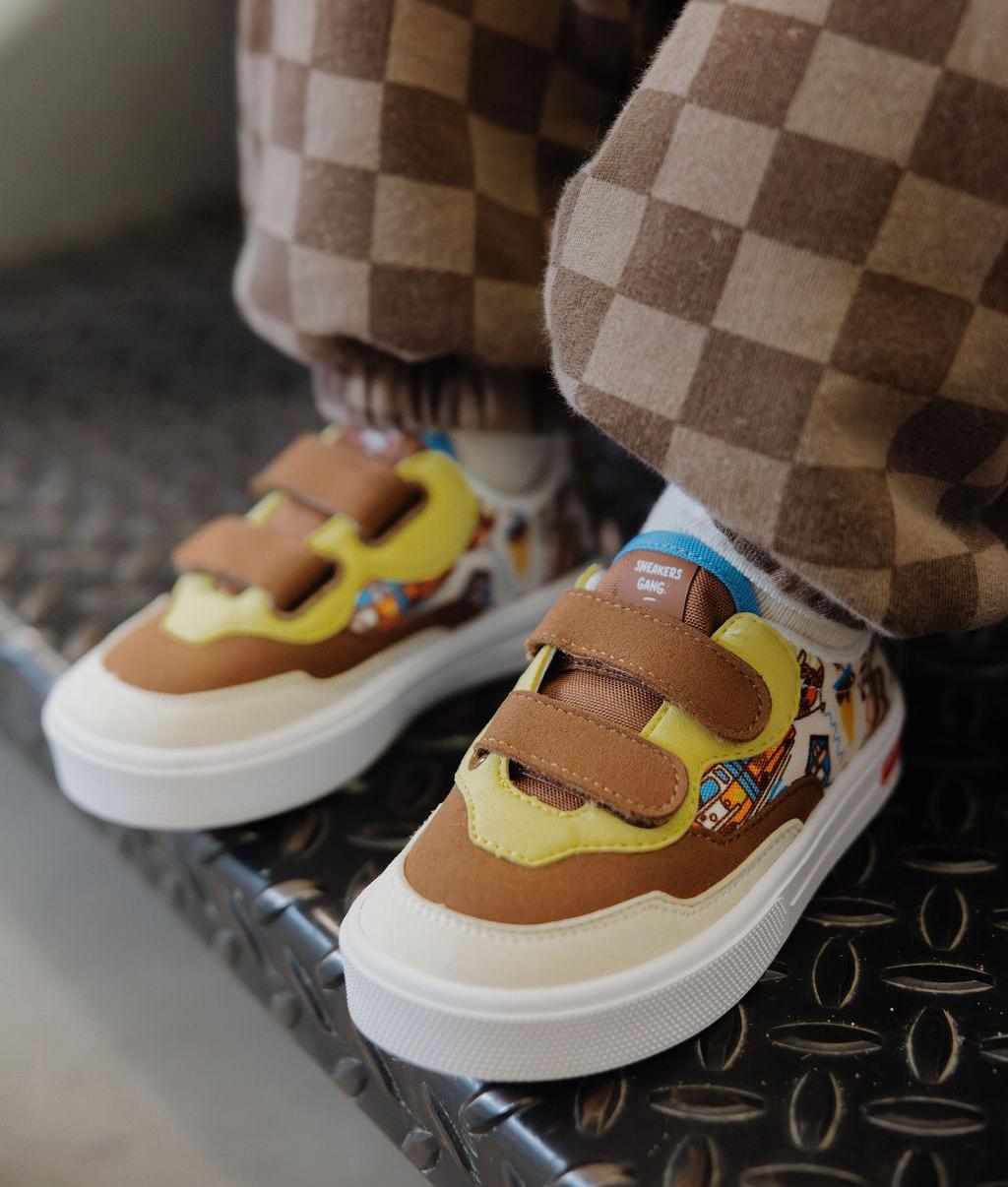 Sneakers bambino crema marrone motivo viaggio strappi Hello Hossy