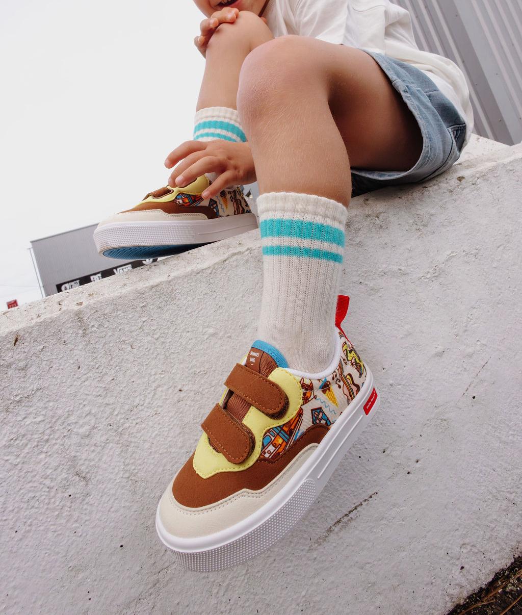 Sneakers bambino crema marrone motivi USA viaggio doppio strappo Hello Hossy