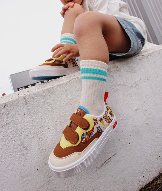 Sneakers bambino crema marrone motivi USA viaggio doppio strappo Hello Hossy