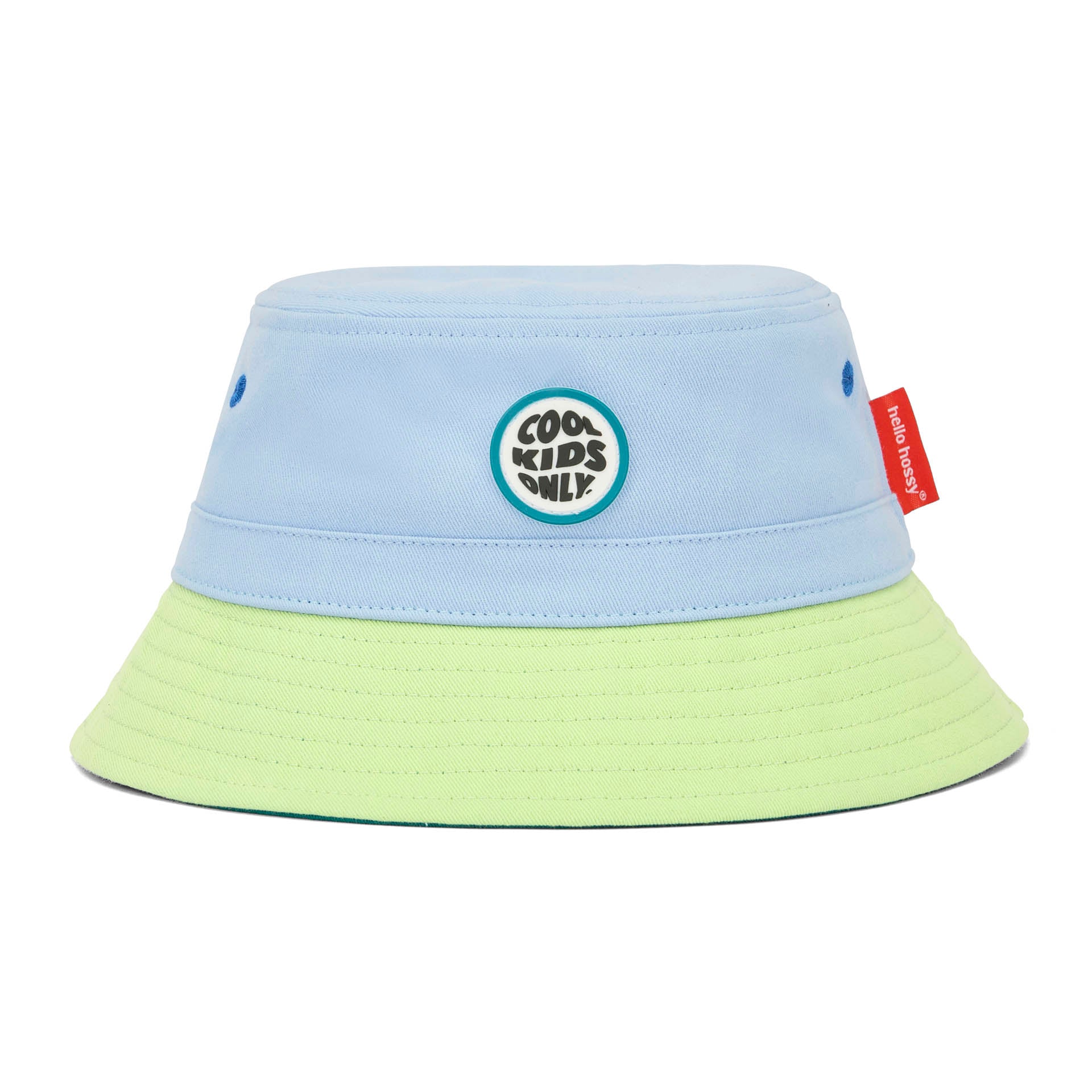 Bucket hat per bambini bicolore blu verde con patch rotonda Cool Kids Only Hello Hossy
