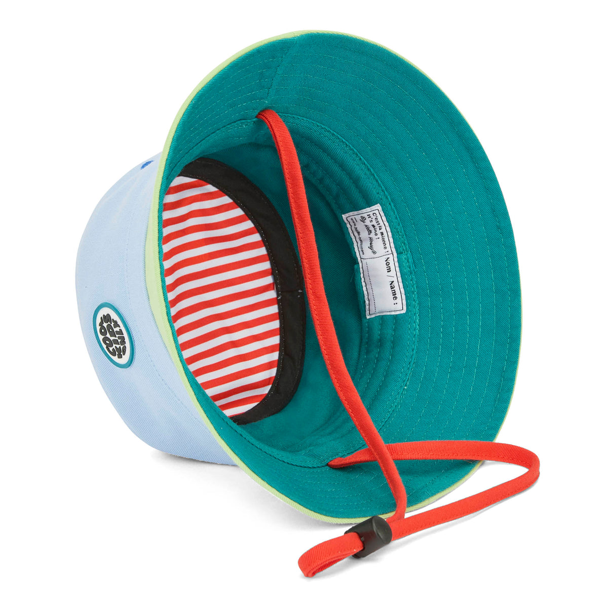 Bucket hat bicolore per bambini blu e verde, cordino rosso, righe interne Hello Hossy