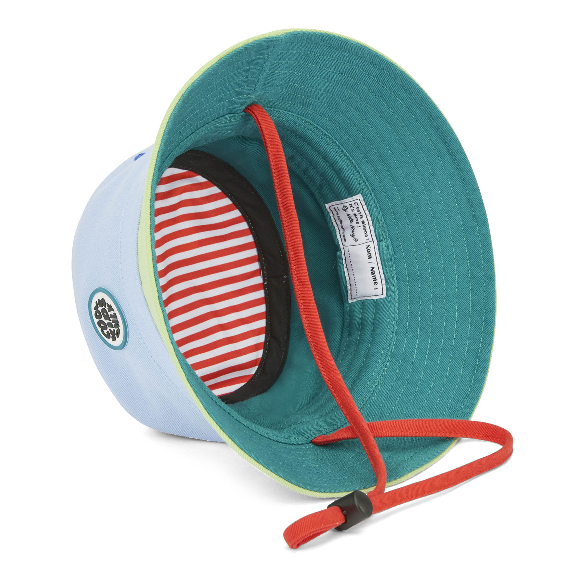Bucket hat bicolore per bambini blu e verde, cordino rosso, righe interne Hello Hossy