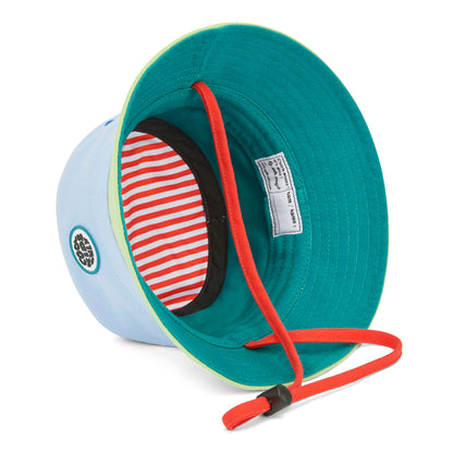 Bucket hat bicolore per bambini blu e verde, cordino rosso, righe interne Hello Hossy