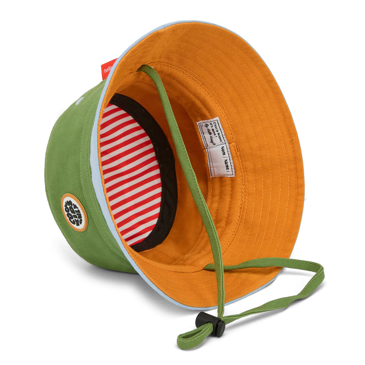 Bucket hat bambino verde interno arancione cinturino regolabile Hello Hossy