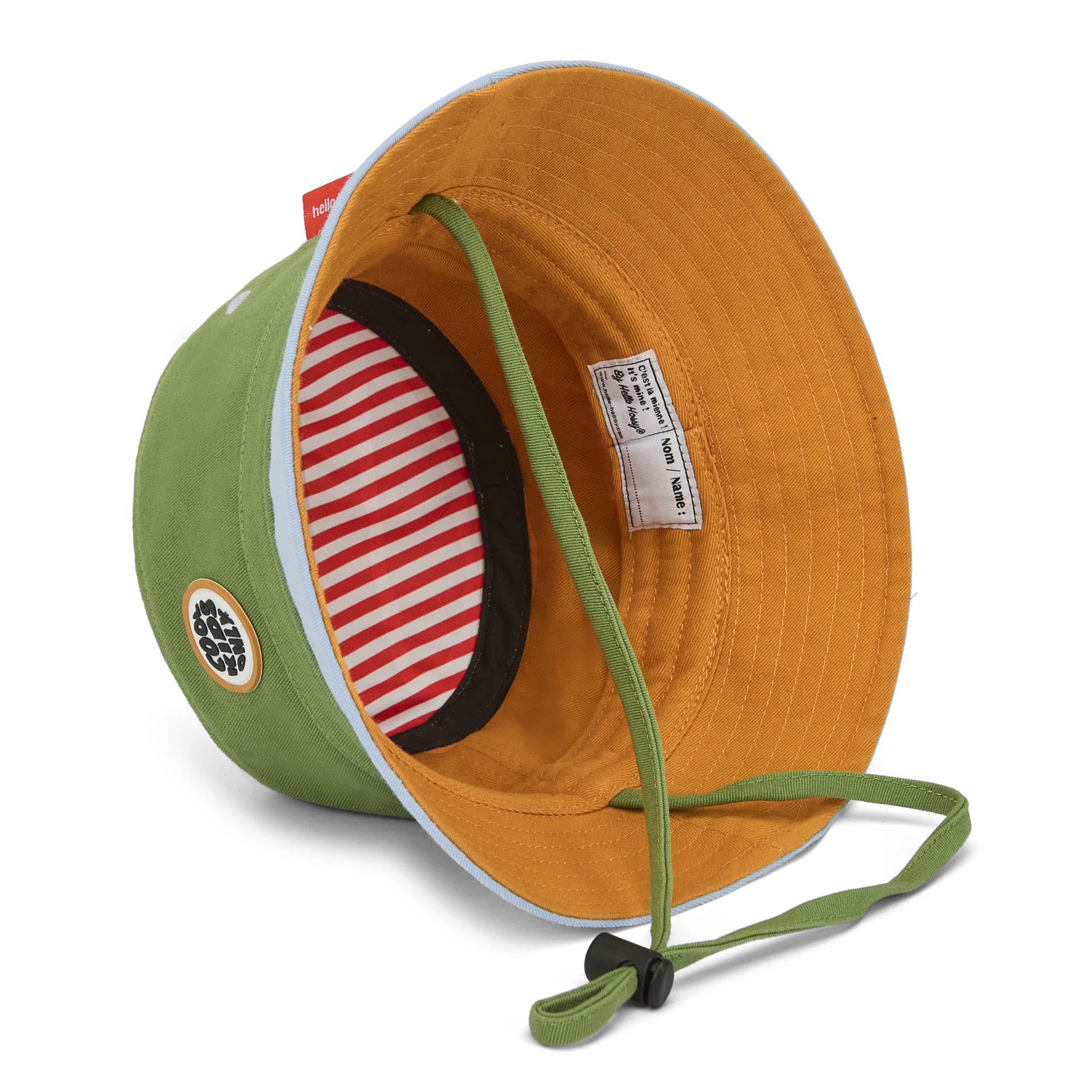 Bucket hat bambino verde interno arancione cinturino regolabile Hello Hossy