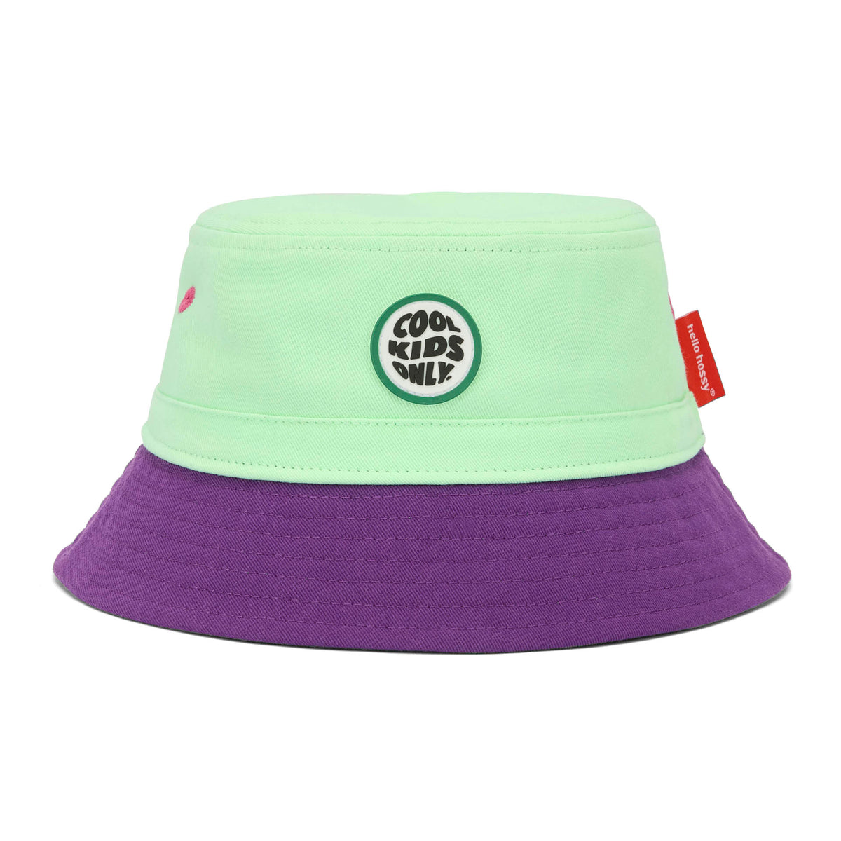 Bucket hat bicolore da bambino verde e viola, patch Cool Kids Only Hello Hossy