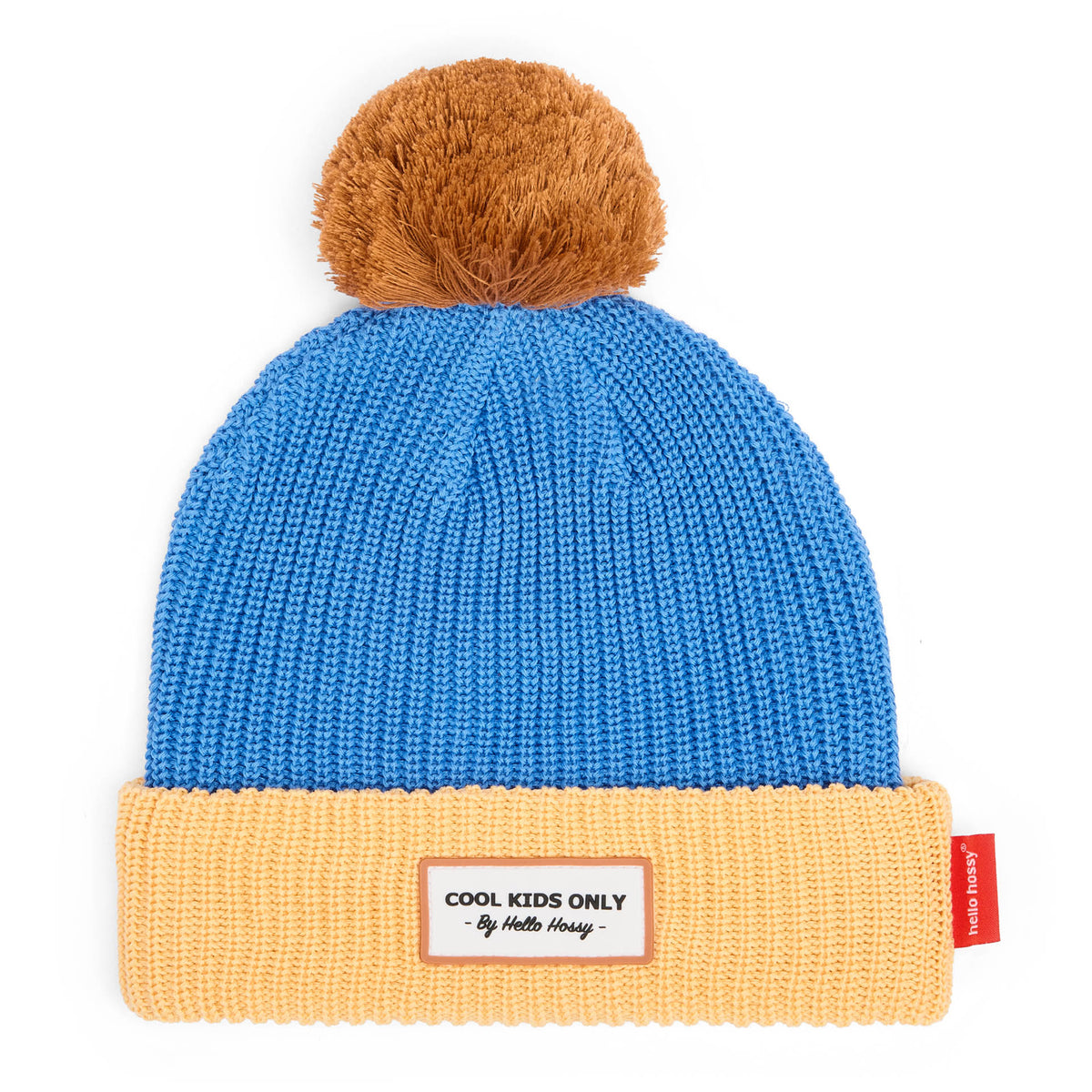 Berretto per bambini blu beige con pompon, etichetta ricamata Hello Hossy