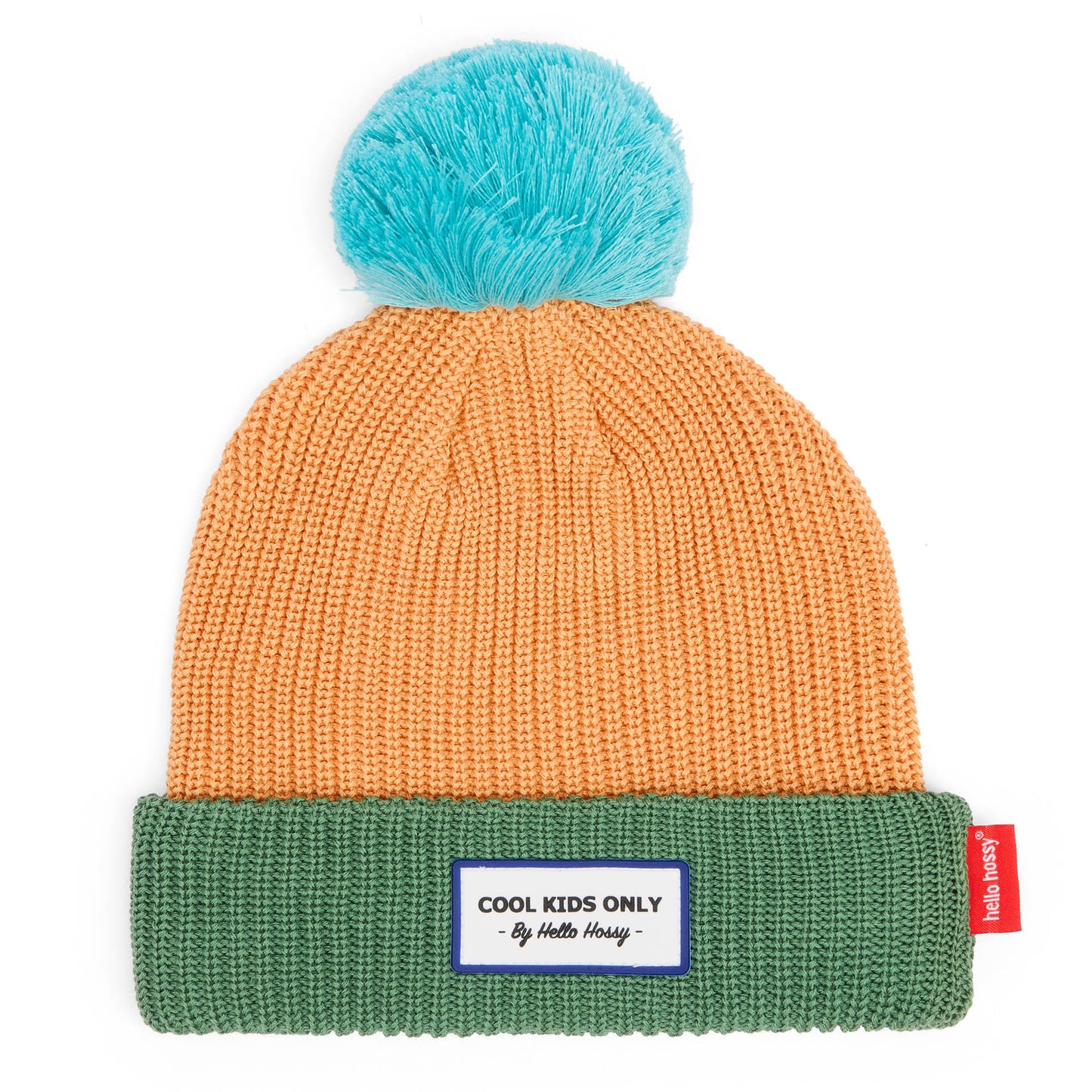 Berretto bambino cammello verde pompon blu etichetta ricamata Hello Hossy