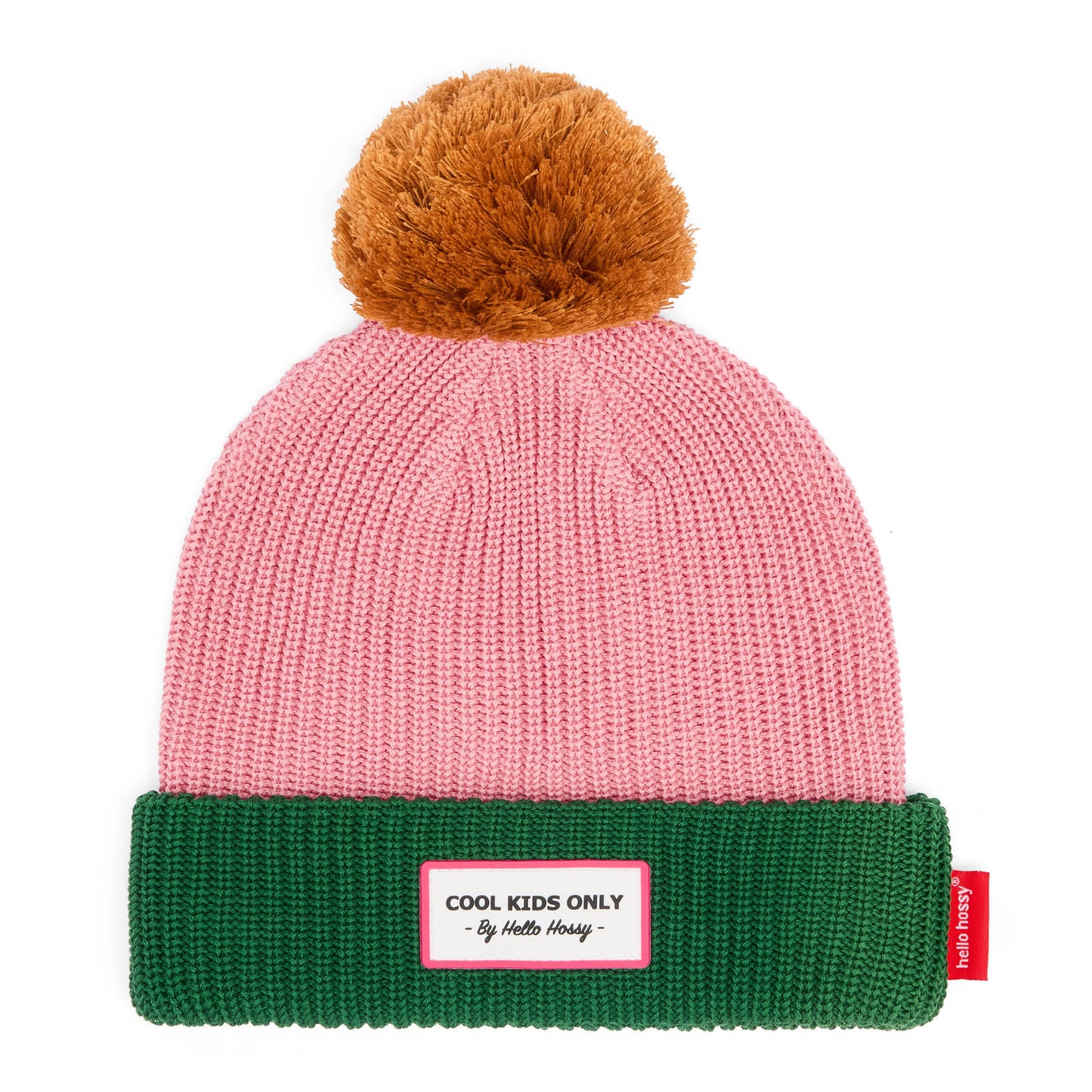 Berretto bambino rosa verde con pompon marrone etichetta Cool Kids Hello Hossy