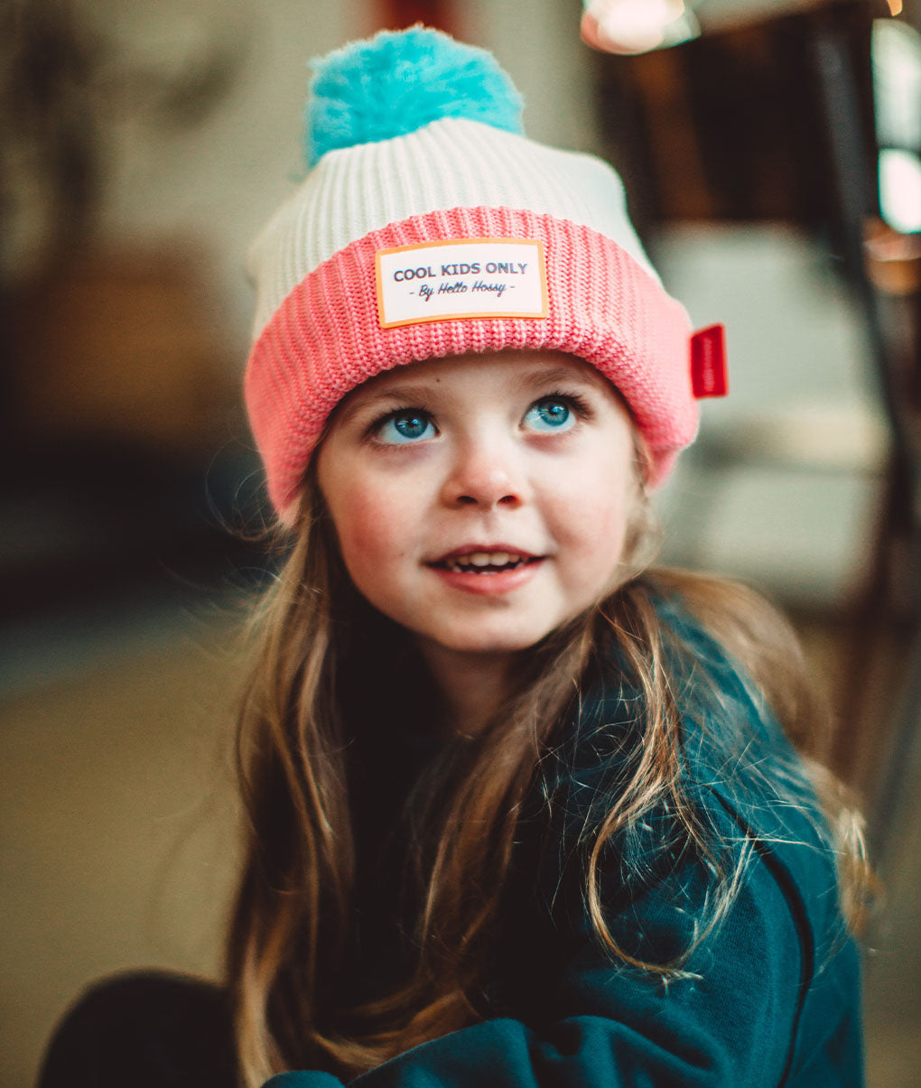 Berretto Bambini Color Block Pink Ice, con pompon, fodera in pile, cotone biologico, da 9 mesi, Cool Kids Only!