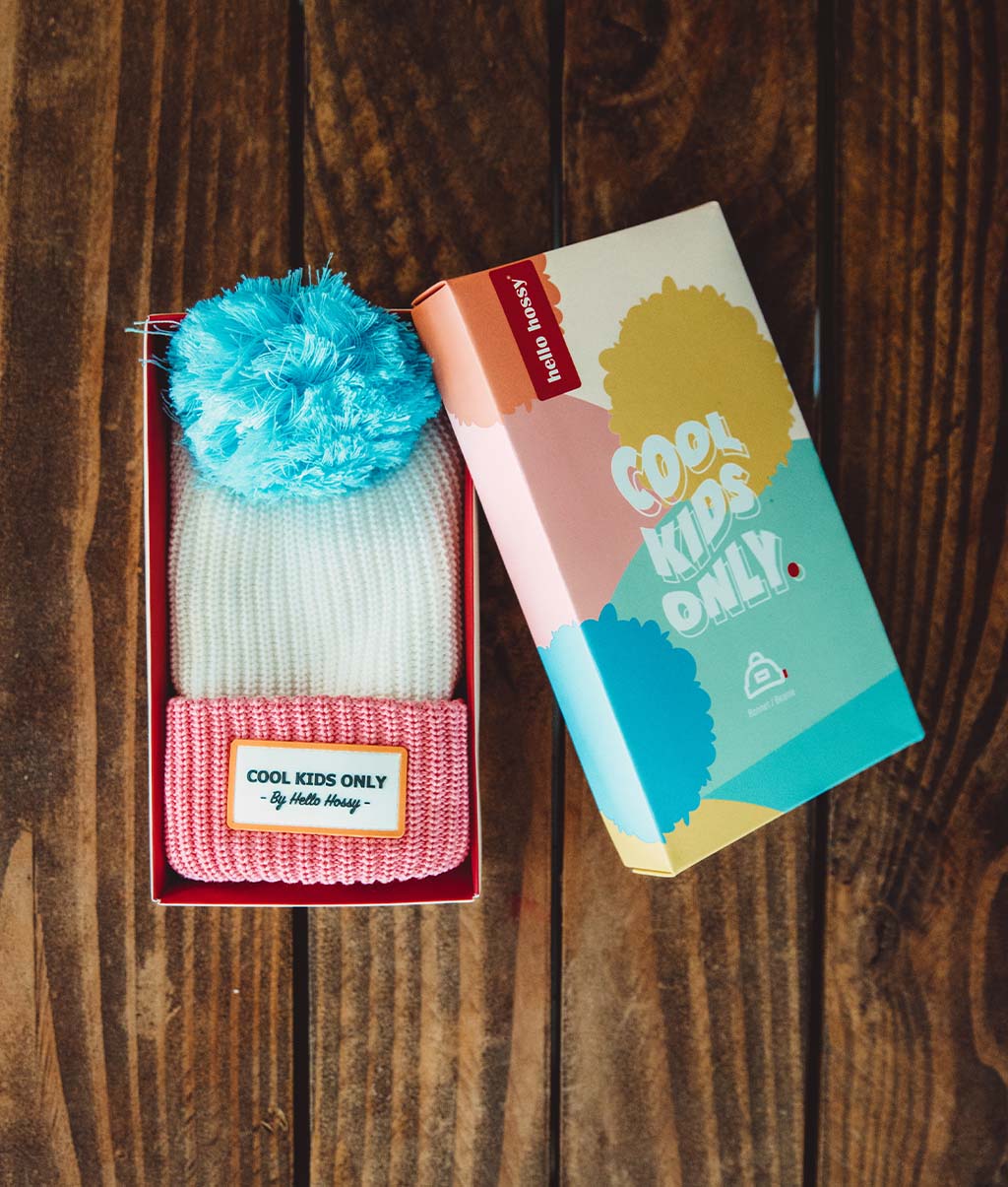 Berretto Bambini Color Block Pink Ice, con pompon, fodera in pile, cotone biologico, da 9 mesi, Cool Kids Only!