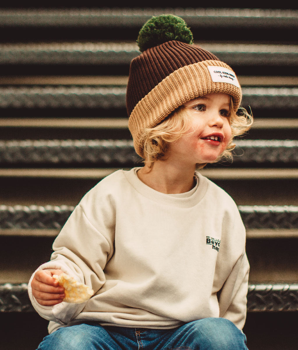Berretto bambini Color Block Pistachio, con pompon, fodera in pile, cotone biologico, dai 9 mesi, Cool Kids Only !