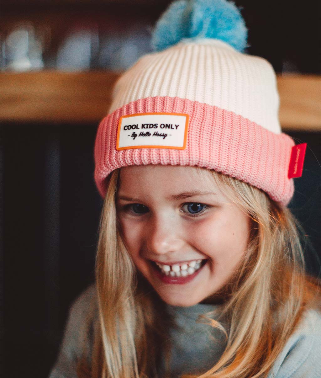 Berretto Bambini Color Block Pink Ice, con pompon, fodera in pile, cotone biologico, da 9 mesi, Cool Kids Only!