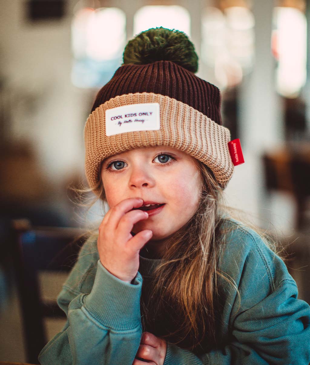 Berretto bambini Color Block Pistachio, con pompon, fodera in pile, cotone biologico, da 9 mesi, Cool Kids Only !