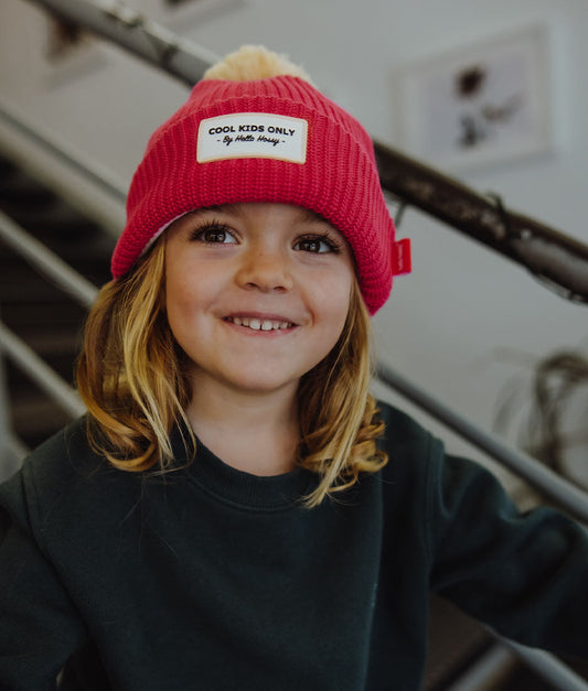 Berretto bambini Color Block Framboise, con pompon, fodera in pile, cotone biologico, dai 9 mesi, Cool Kids Only!