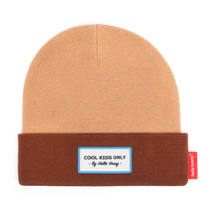 Berretto bambino Bicolore marrone Beige con testo ricamato Hello Hossy