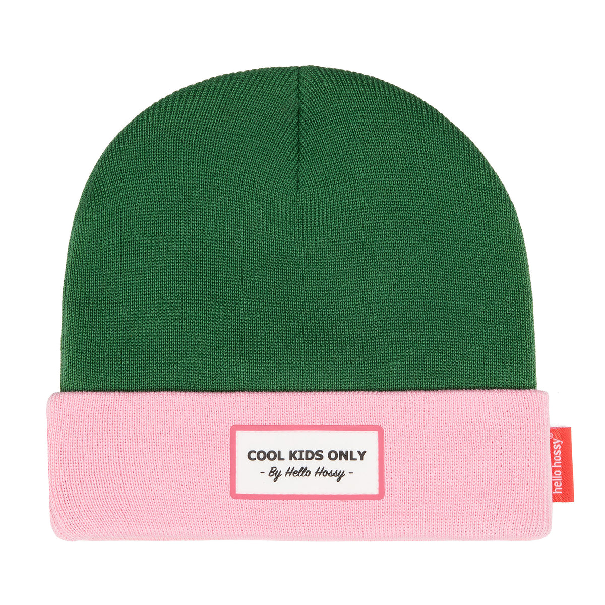 Berretto bambino verde con risvolto rosa ed etichetta ricamata Hello Hossy