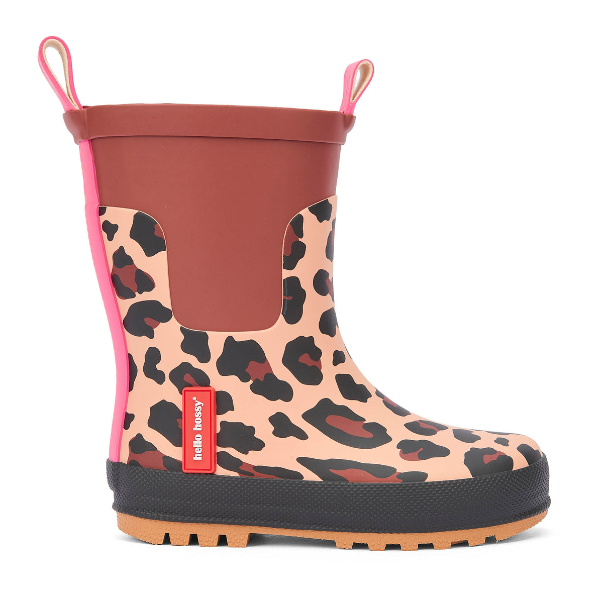 Stivali da pioggia bambino motivo leopard marrone nero maniglie Hello Hossy