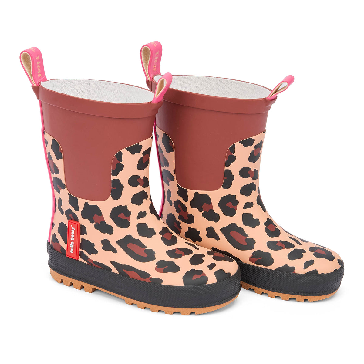 Stivali da pioggia bambino marrone nero stampato leopard dettaglio rosa Hello Hossy