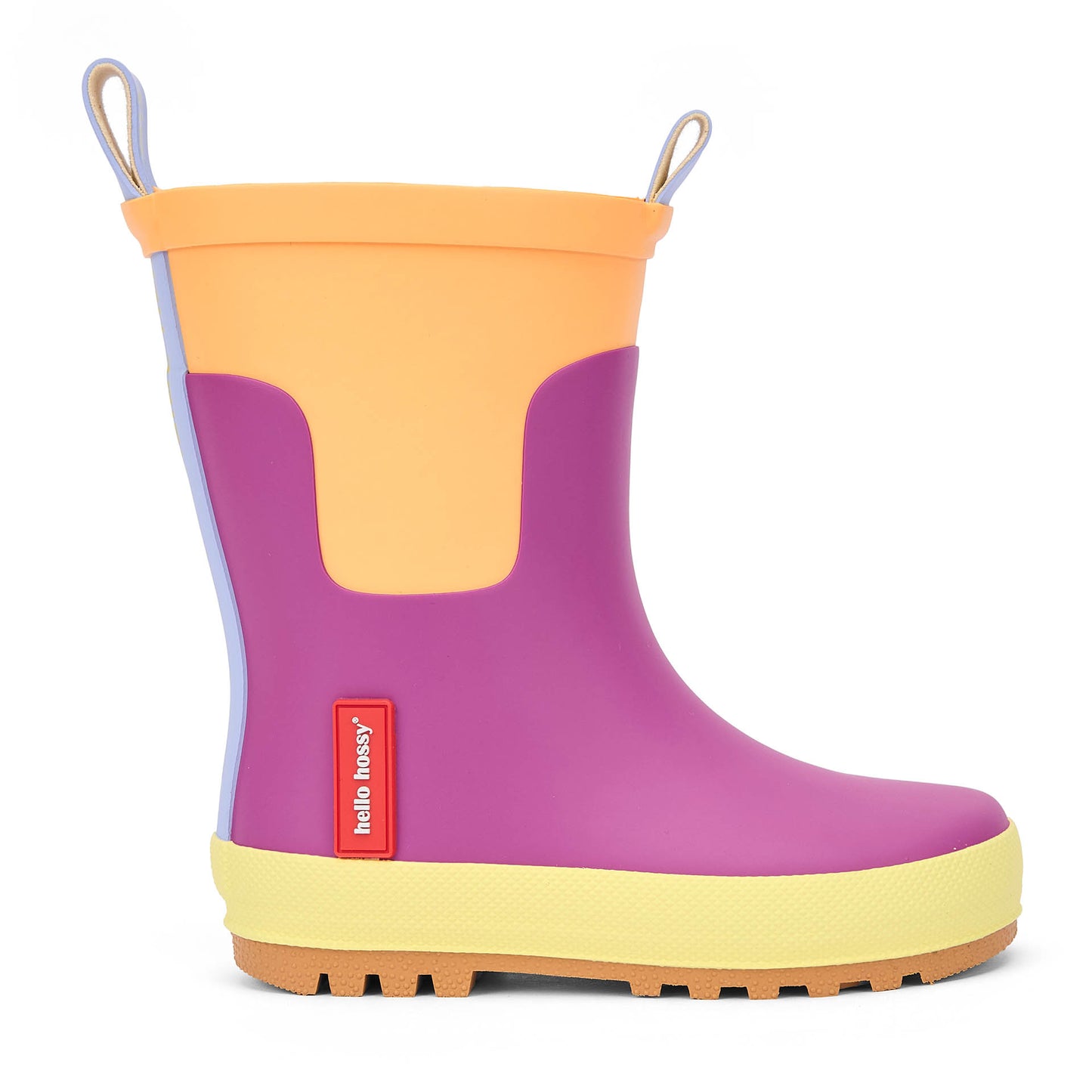 Stivali da pioggia da bambino viola e arancioni, dettaglio giallo Hello Hossy