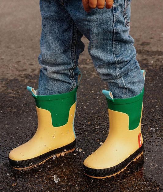 Stivali da pioggia bambino giallo verde suola nera Hello Hossy