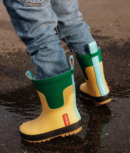 Stivali da pioggia bambino giallo verde suola nera Hello Hossy