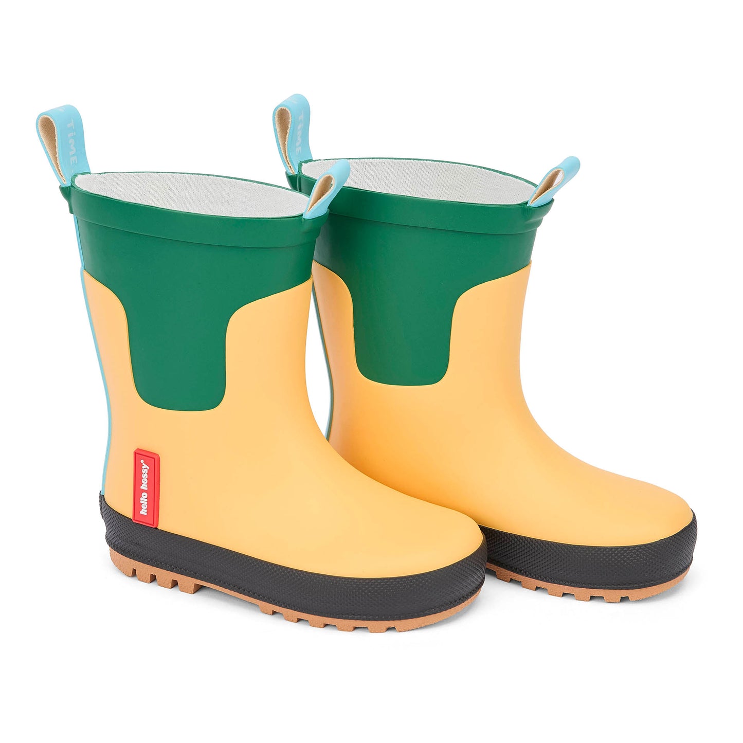 Stivali da pioggia bambino giallo verde suola nera linguetta blu Hello Hossy