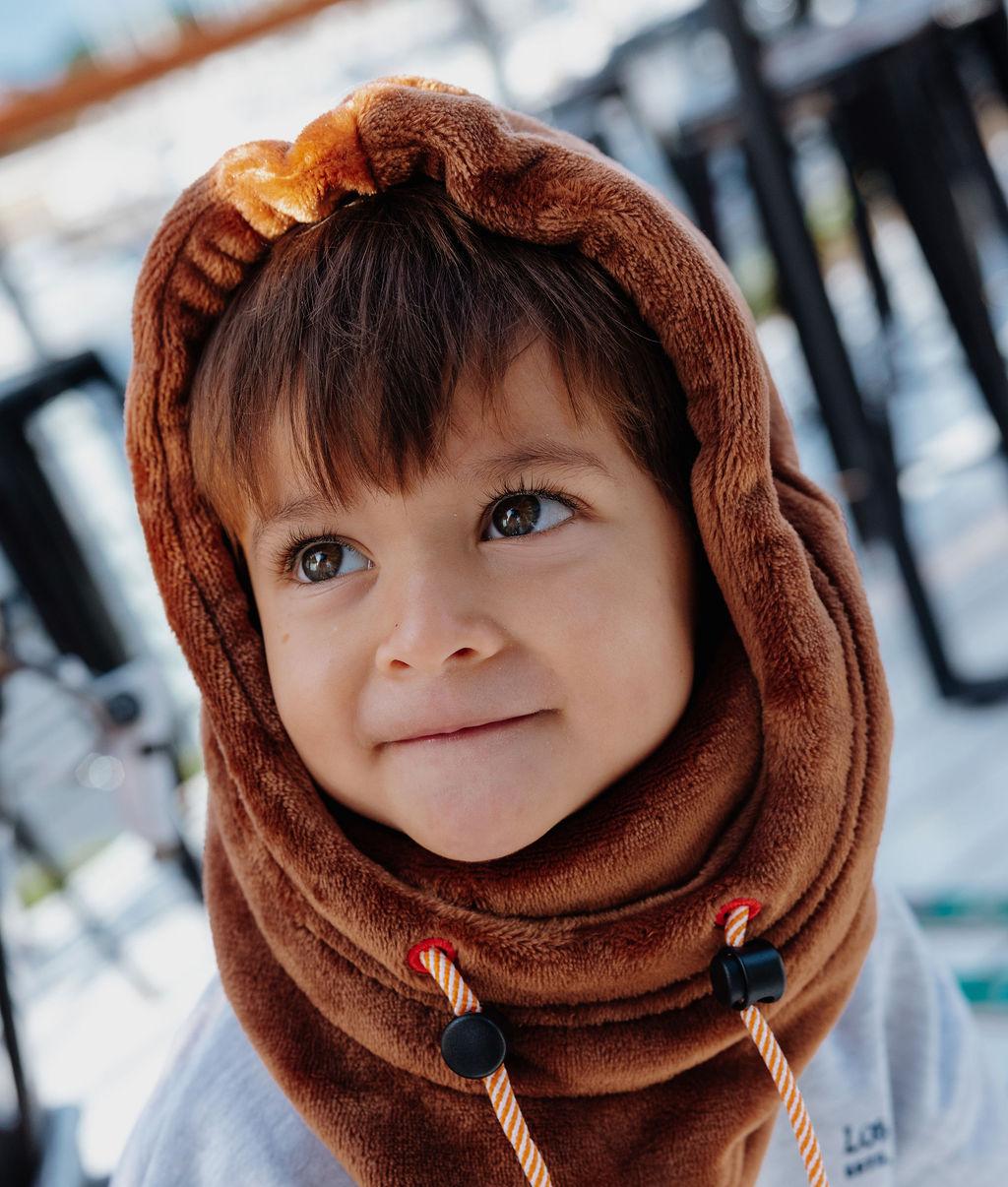Passamontagna per bambini marrone in pile con lacci regolabili, collezione Autunno-Inverno Hello Hossy
